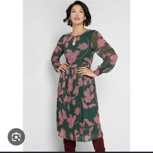 Modcloth Forest Green Pink Floral Pleated Midi Dress Sz 4 Boho Preppy Whimsigoth